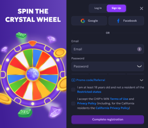 Chip'n WIN registration screen